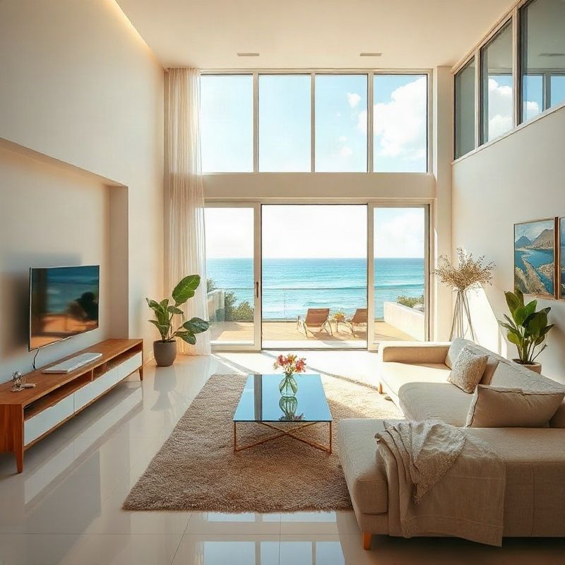 Contemporary Florianópolis apartment interior with an azure ocean view through floor-to-ceiling windows