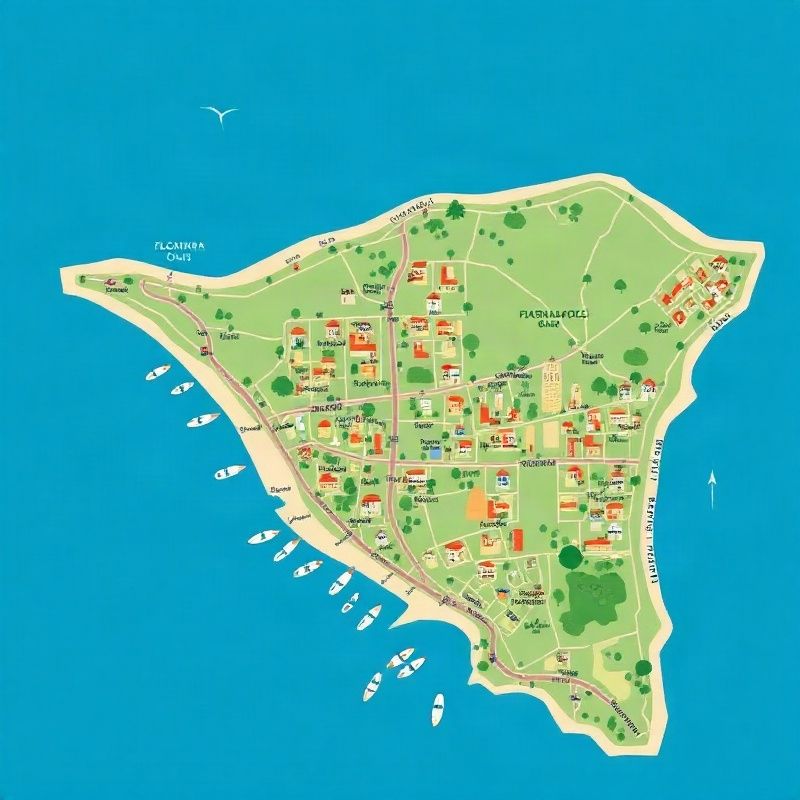Illustrated map of Florianópolis island showing major beach neighbourhoods in azure and cream tones