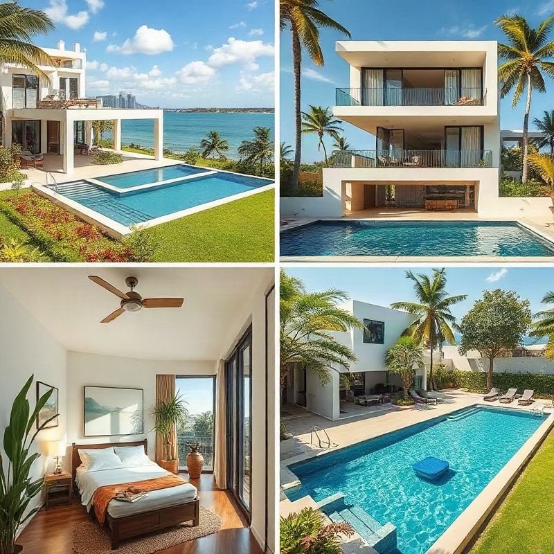 Grid of four Florianópolis property photographs: beachside house in Campeche, lagoon-view apartment in Lagoa da Conceição, compact studio in Centro, and luxury villa pool in Jurerê Internacional