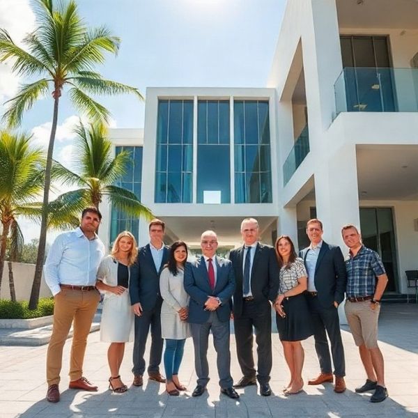 Small professional real estate team of twelve people photographed outside a bright Florianópolis office building under an azure sky