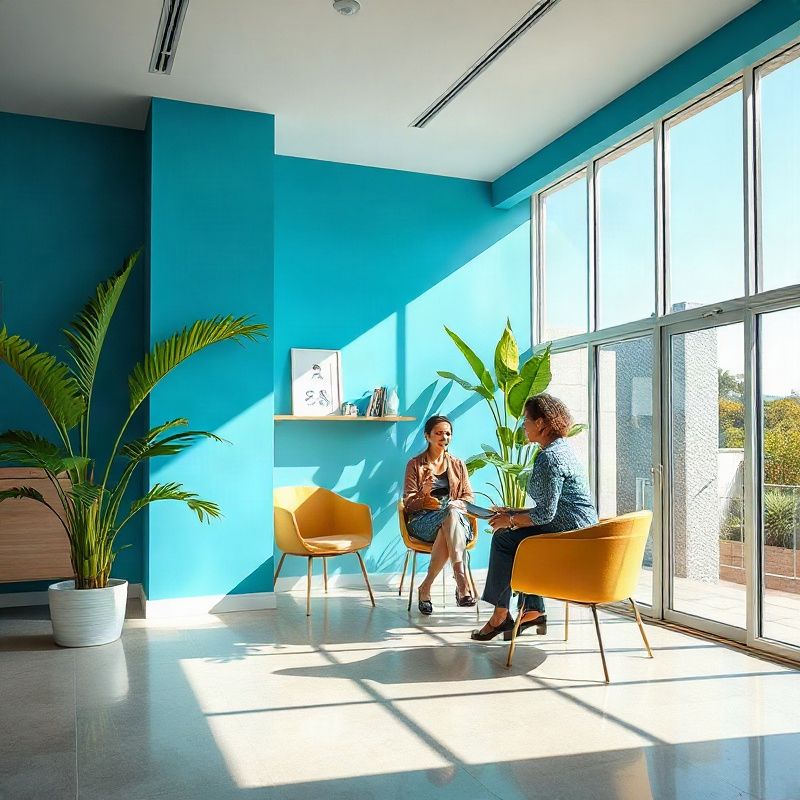 Bright boutique real estate office interior in Florianópolis with azure accents and two people in a relaxed consultation