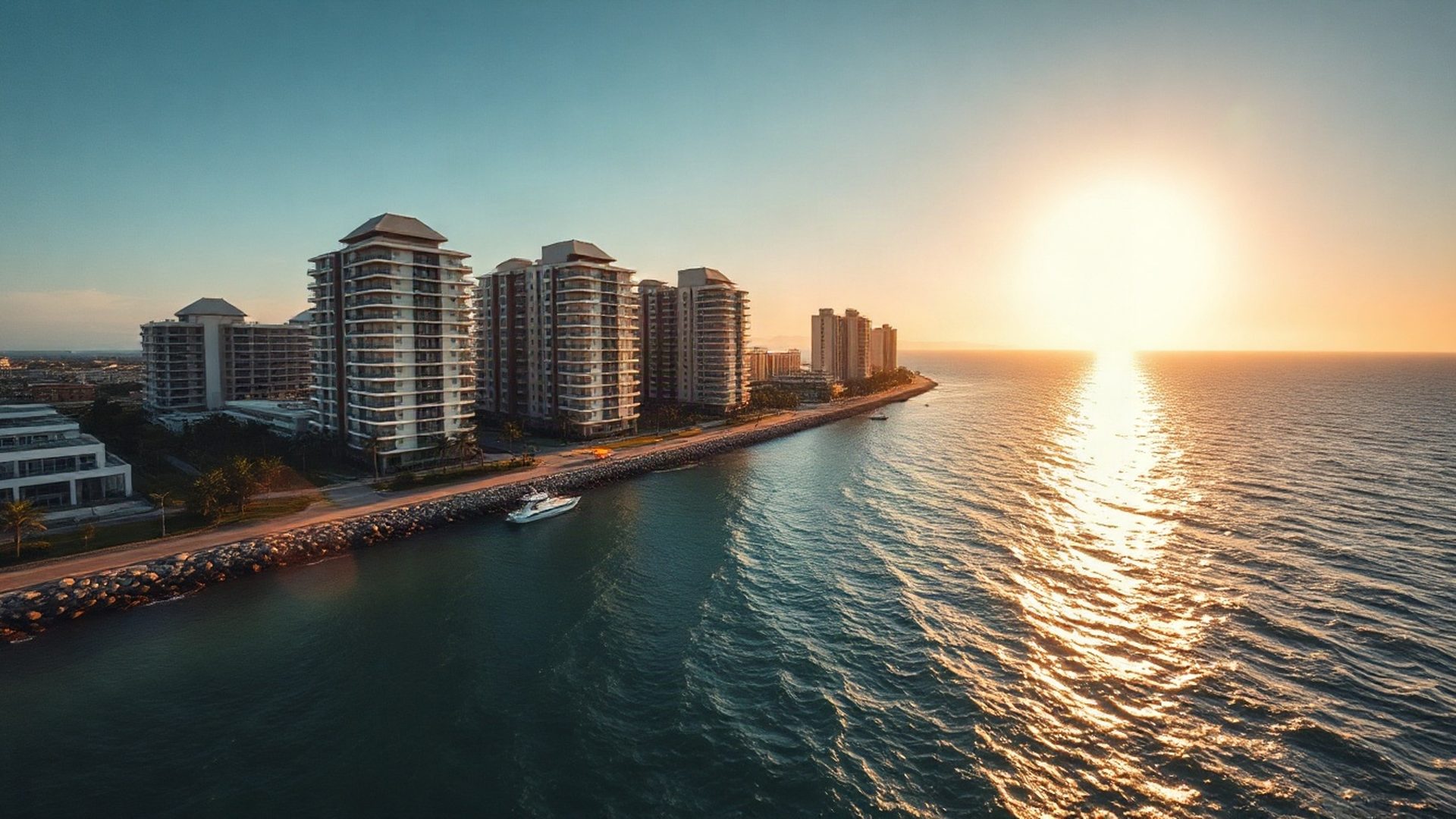 Florianópolis coastline at golden hour framed by modernist apartment towers