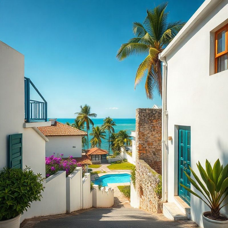 Street-level view of Lagoa da Conceição neighbourhood with the azure lagoon visible between whitewashed cottages and palm trees